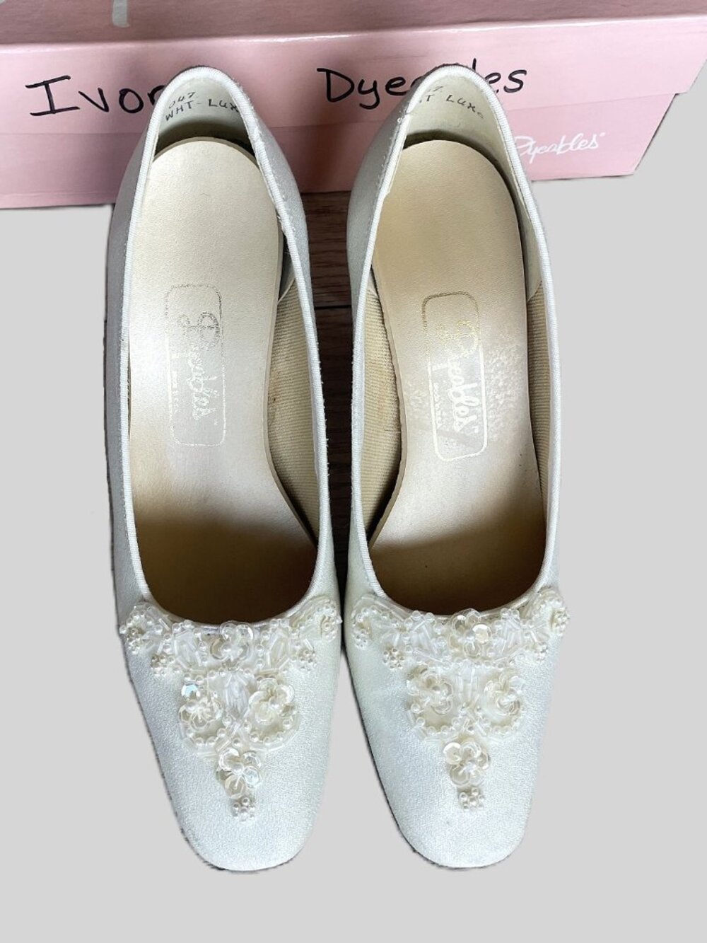 Dyeables Striking White Luxe Satin Heels • Pearl Beaded • Size 5B